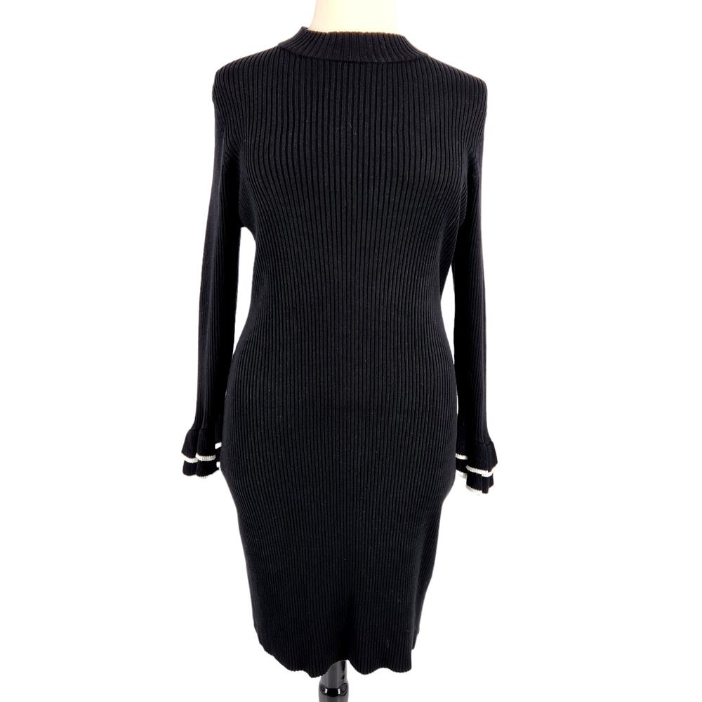 Linea Donna Ribbed Sweater Dress w Ruffle Cuffs Womens Size Large Black